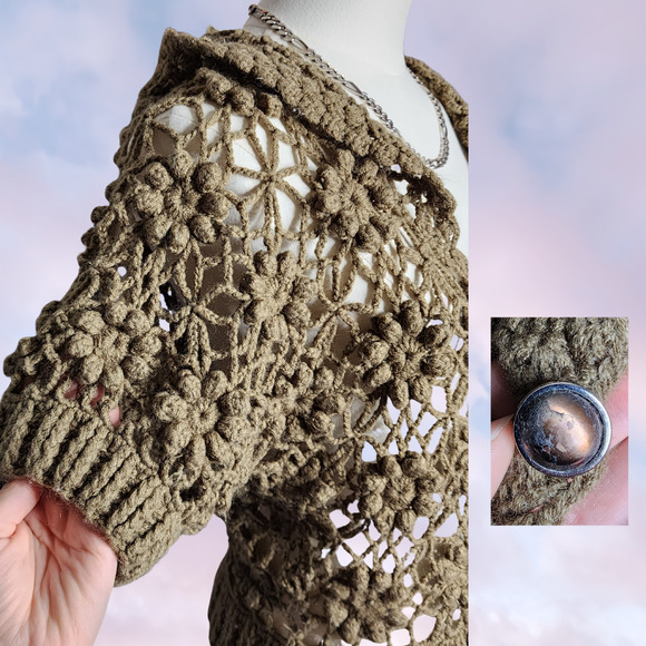 Handmade Brown Button Up Knitted Short Sleeve Sheer Coquette Mori Kei Sweater - Picture 3 of 6